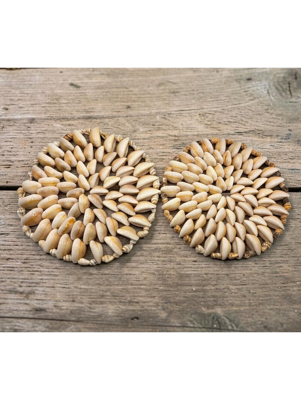 Set Of 2 Vintage 1980s Handcrafted Cowrie Seashell 5" Round Trivet Boho Nautical
